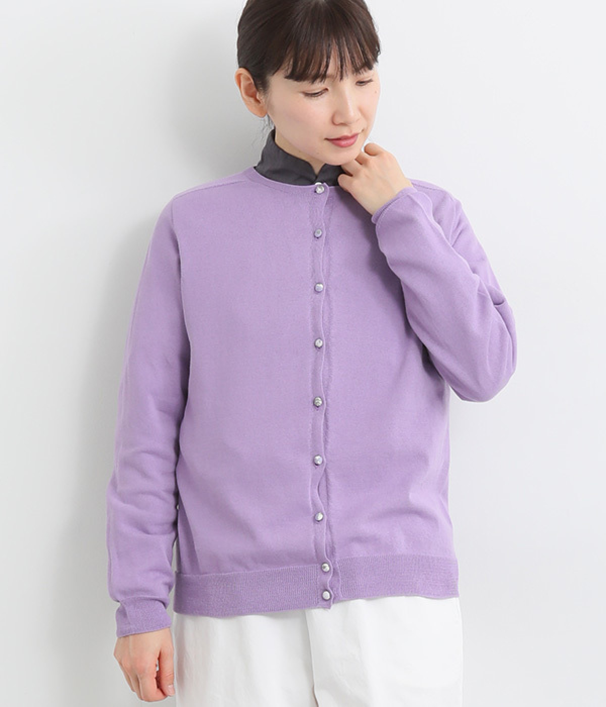 コットンリバティクルミボタンベーシックカーディガン(ラベンダー-ONESIZE)
