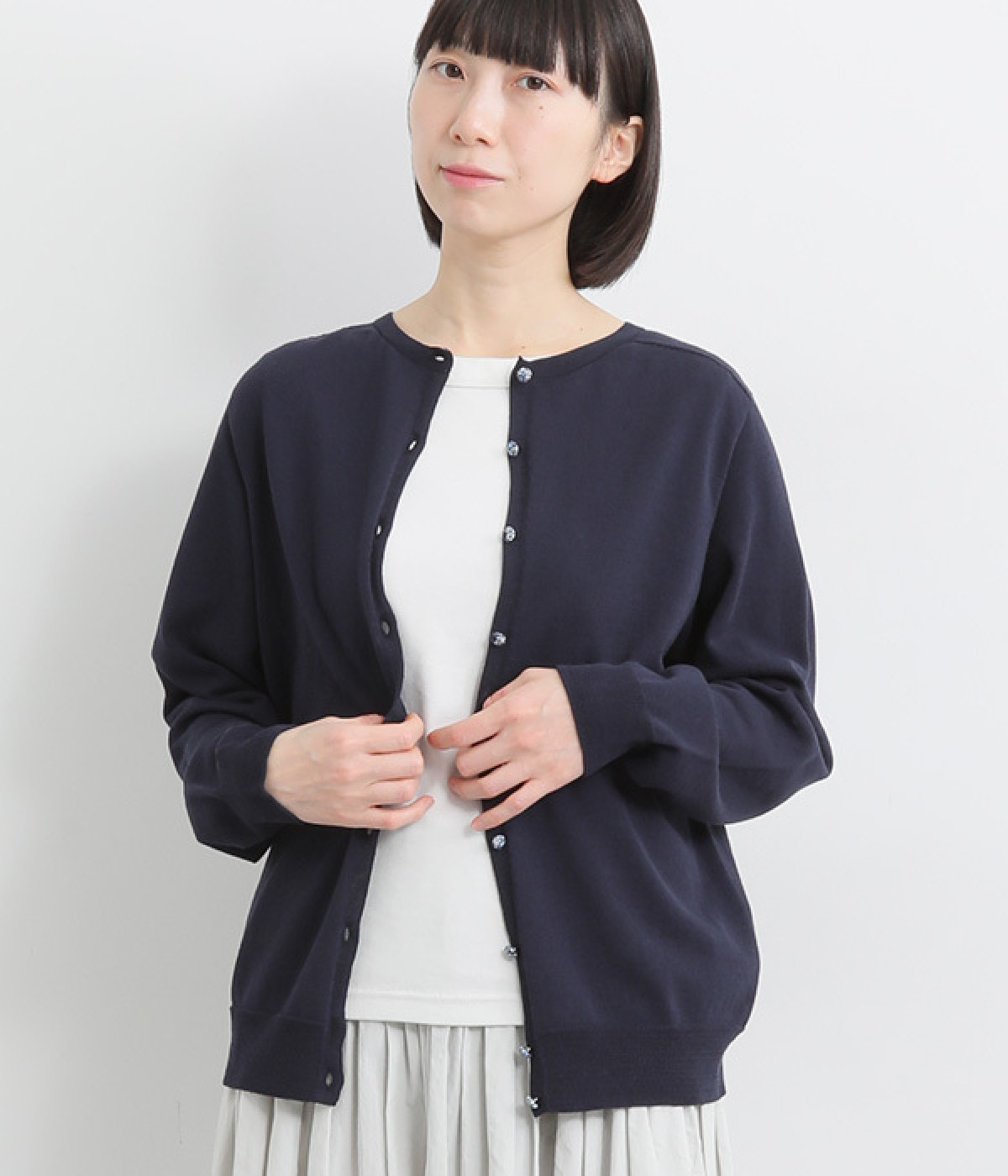 コットンリバティクルミボタンベーシックカーディガン(ネイビー-ONESIZE)