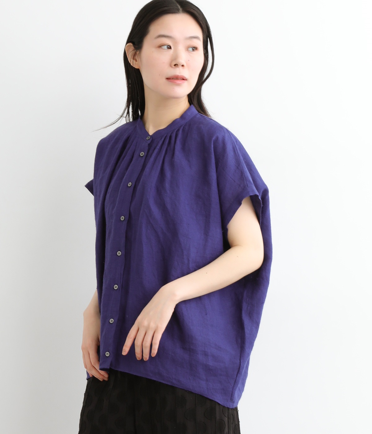 リネンラミー東炊き加工襟ぐりタックフレンチスリーブブラウス(ブルー-ONESIZE)