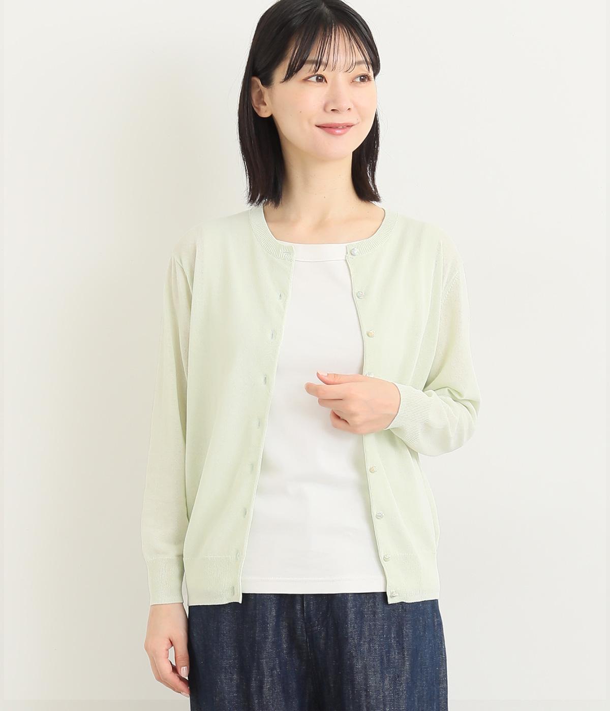 コットンリバティくるみ釦7分袖ベーシックカーディガン(ミント-ONESIZE)