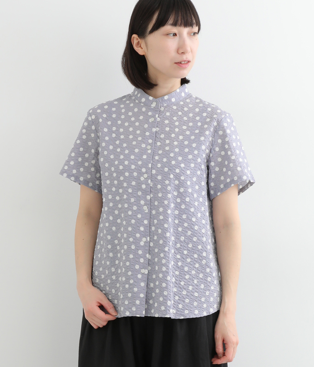 コットンローンリップルドットスタンドカラー半袖シャツ(グレー-ONESIZE)