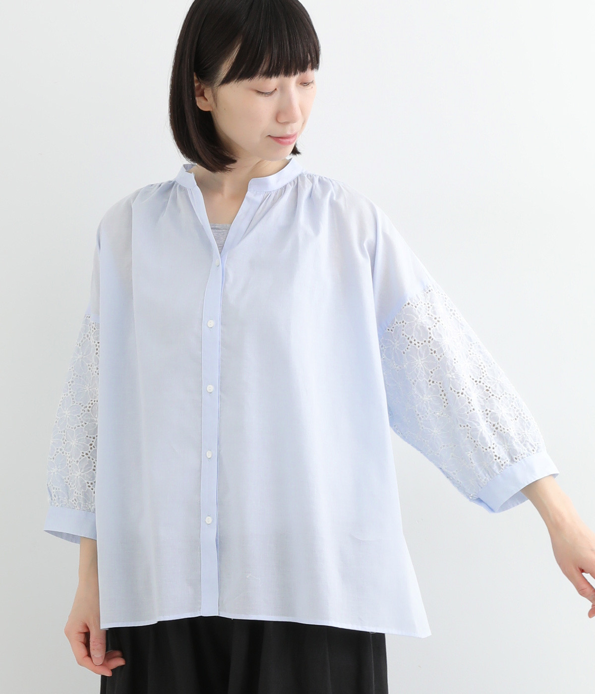 コットン収縮レース×ローン7分袖スッキパ―ブラウス(サックス-ONESIZE)