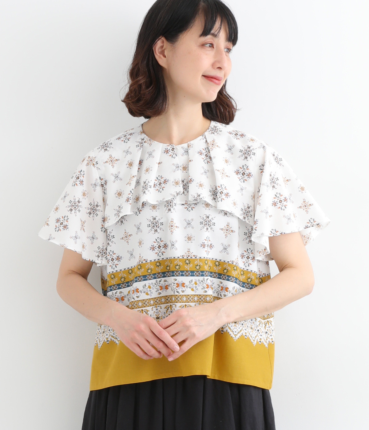 コットンレーヨンローンボーダー小紋ハンカチーフブラウス(イエロー-ONESIZE)
