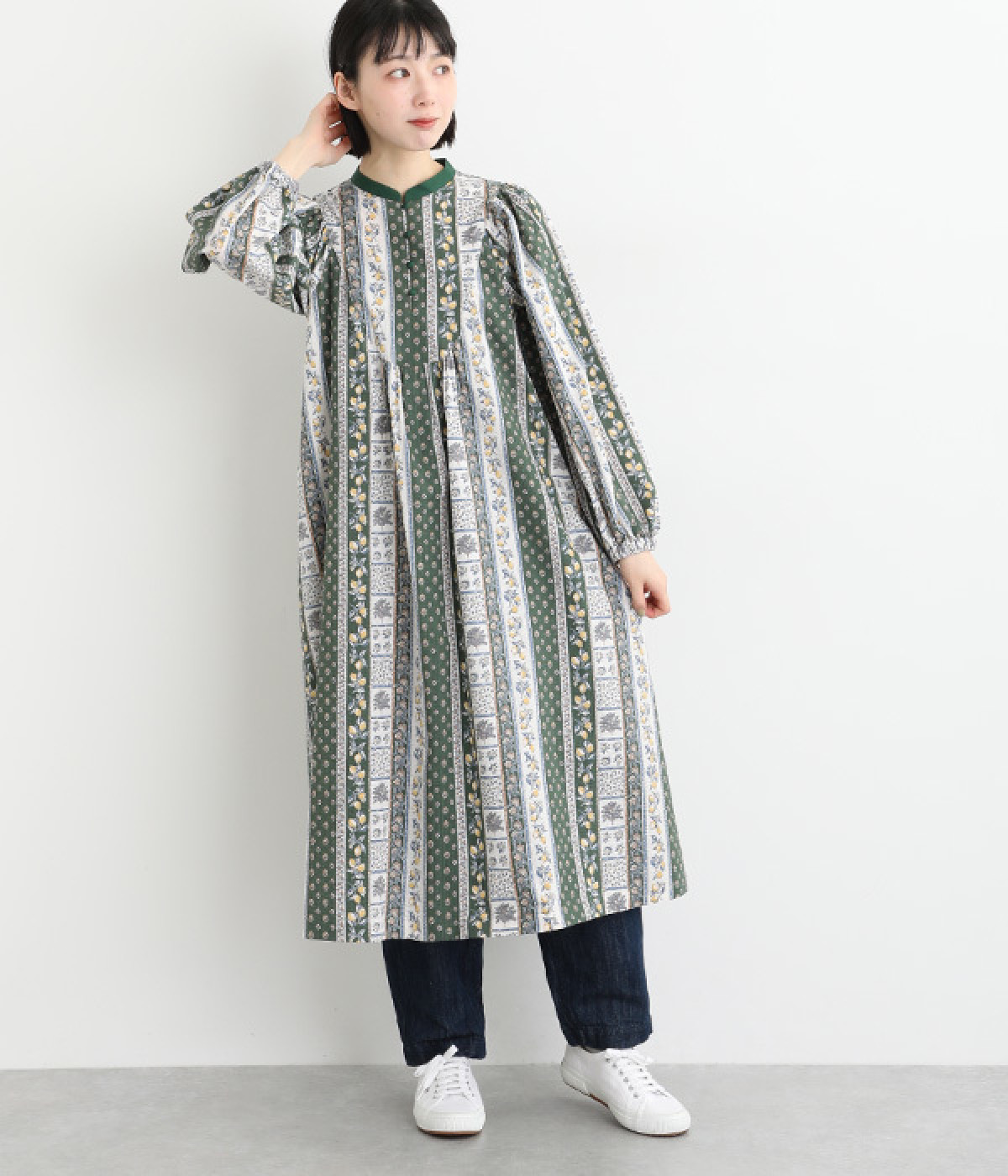 コットンローンリップルレモンエスニック風ワンピース(グリーン-ONESIZE)