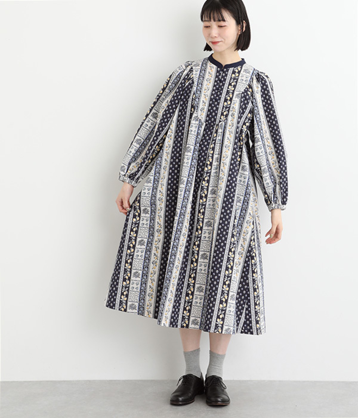 コットンローンリップルレモンエスニック風ワンピース(ネイビー-ONESIZE)