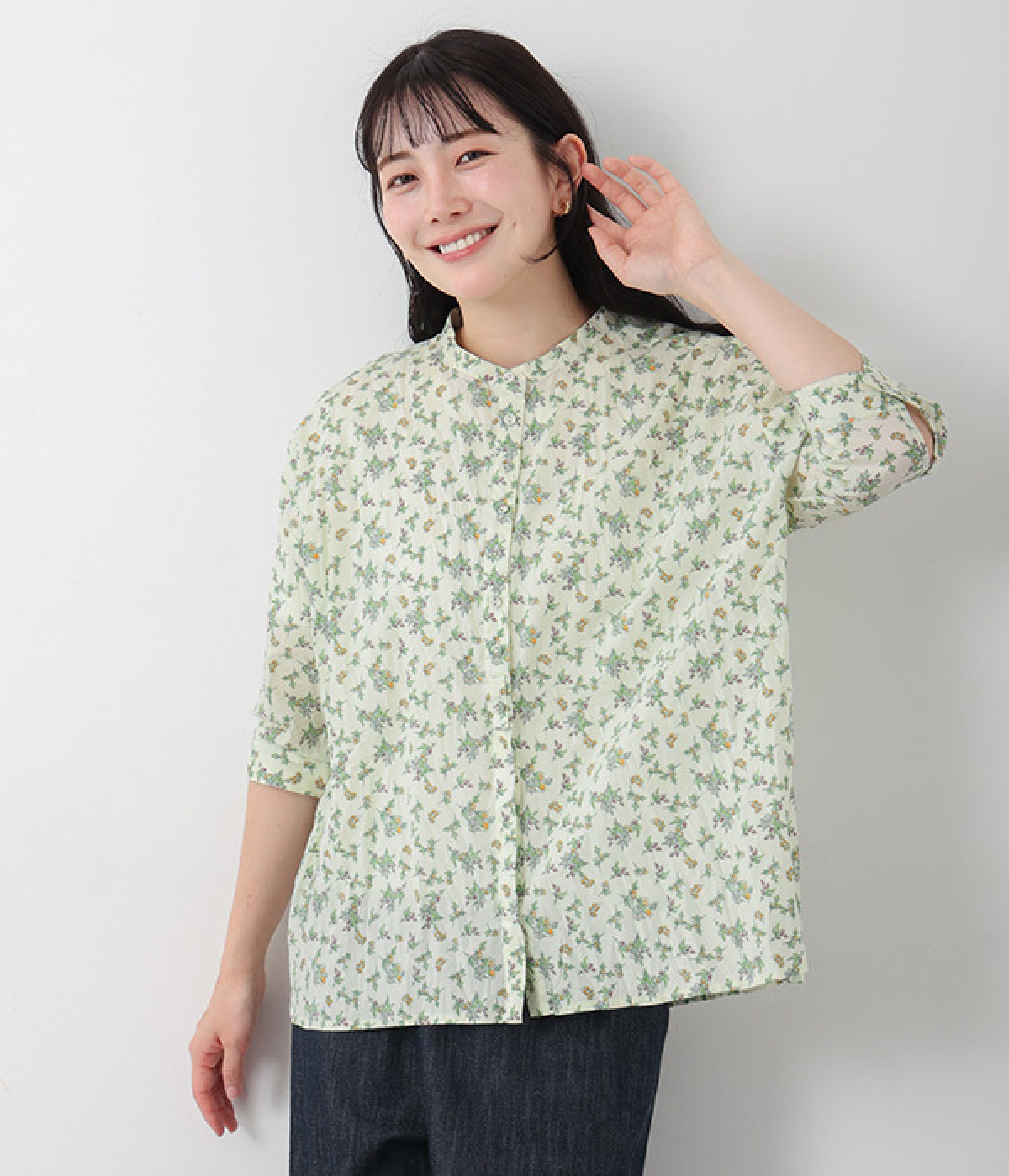 フラワープリント 6分袖クリンクルシャツ(ナチュラル-ONESIZE)